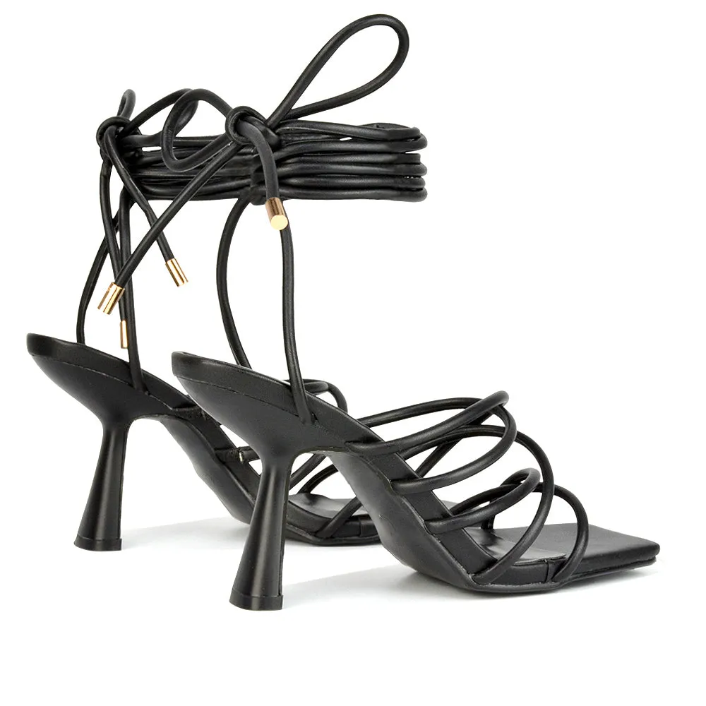 Everlee Strappy Lace Up Thin BlocK Square Toe Heel Sandals in Black Synthetic Leather