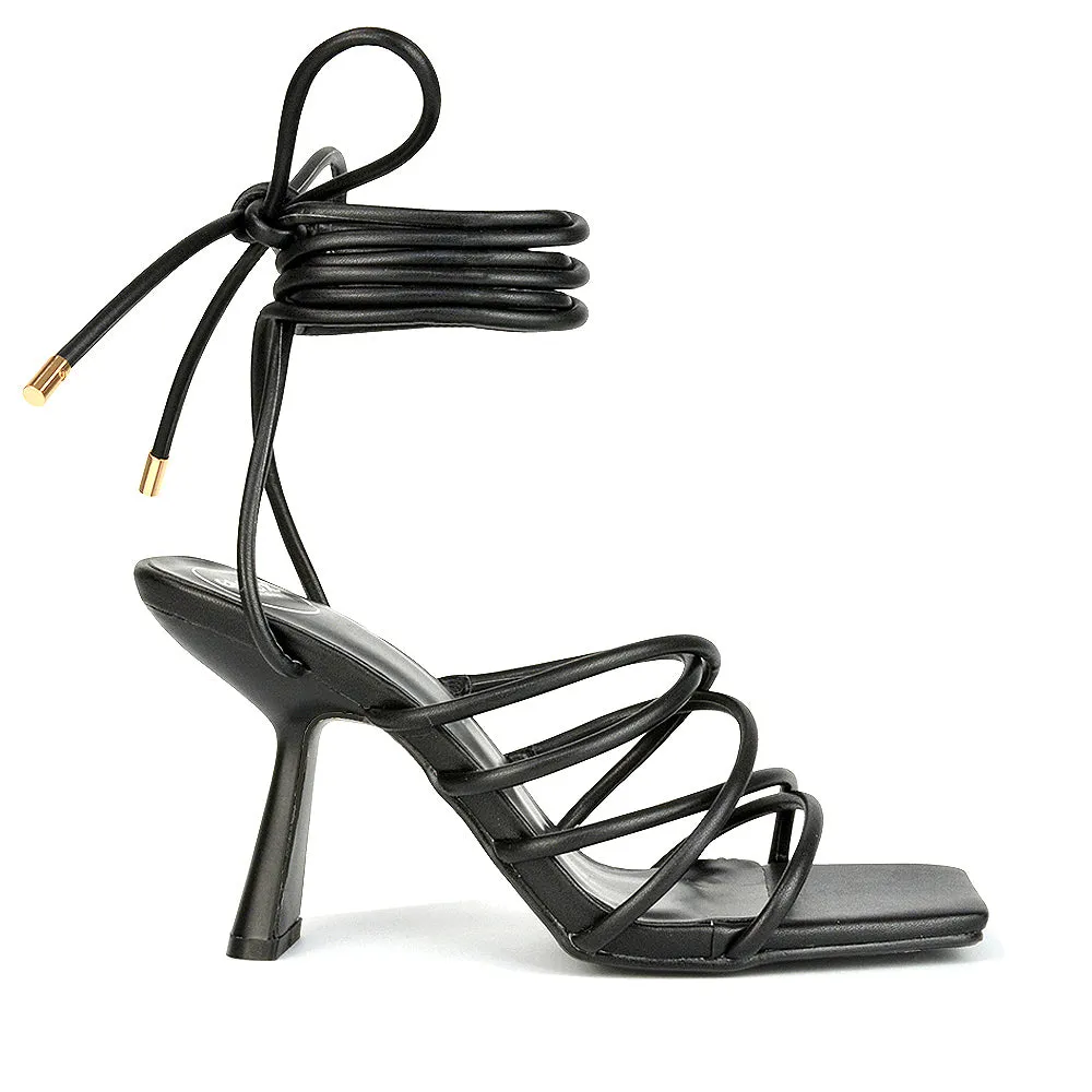 Everlee Strappy Lace Up Thin BlocK Square Toe Heel Sandals in Black Synthetic Leather