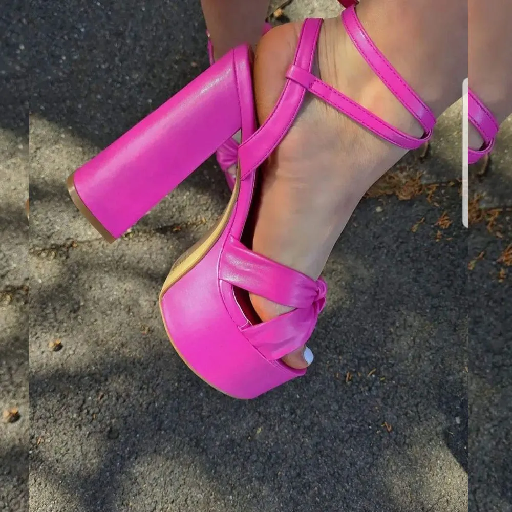 Faylinn Ankle Strap Super Chunky Block High Heel Platform Shoes in Fuchsia