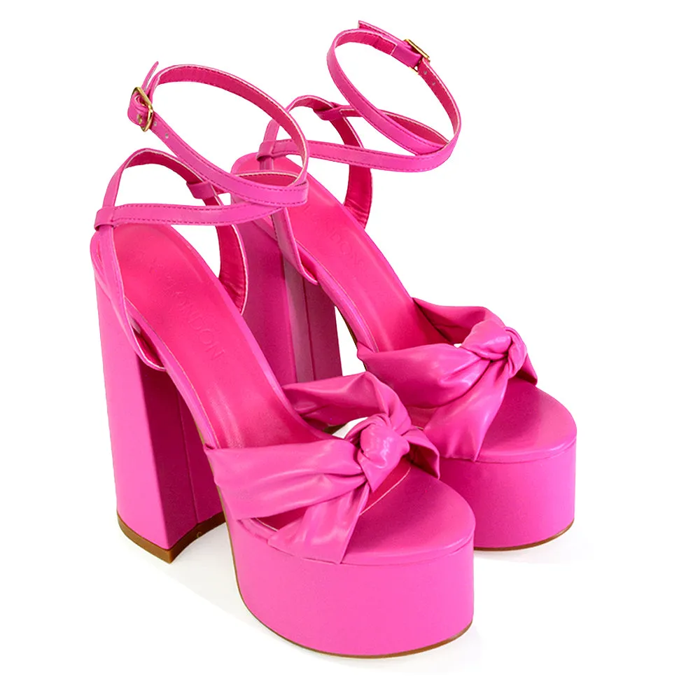 Faylinn Ankle Strap Super Chunky Block High Heel Platform Shoes in Fuchsia