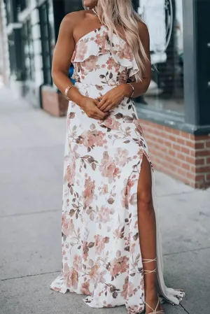 Floral Slit Ruffled Halterneck Maxi Dress