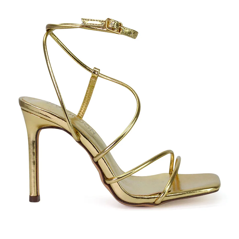 Flynn Strappy Buckle Up Square Toe Shoes With Stiletto High Heels in Gold