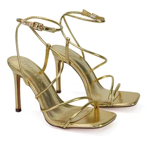 Flynn Strappy Buckle Up Square Toe Shoes With Stiletto High Heels in Gold