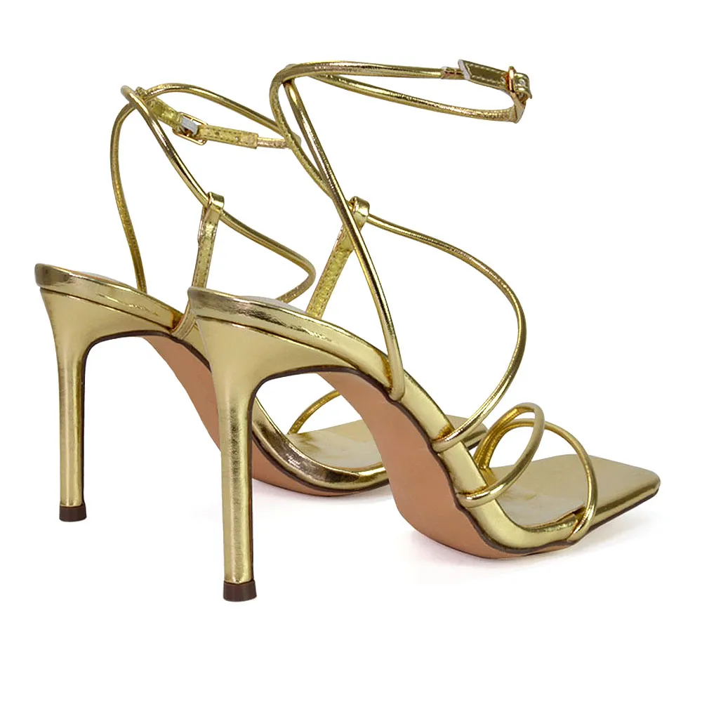 Flynn Strappy Buckle Up Square Toe Shoes With Stiletto High Heels in Gold