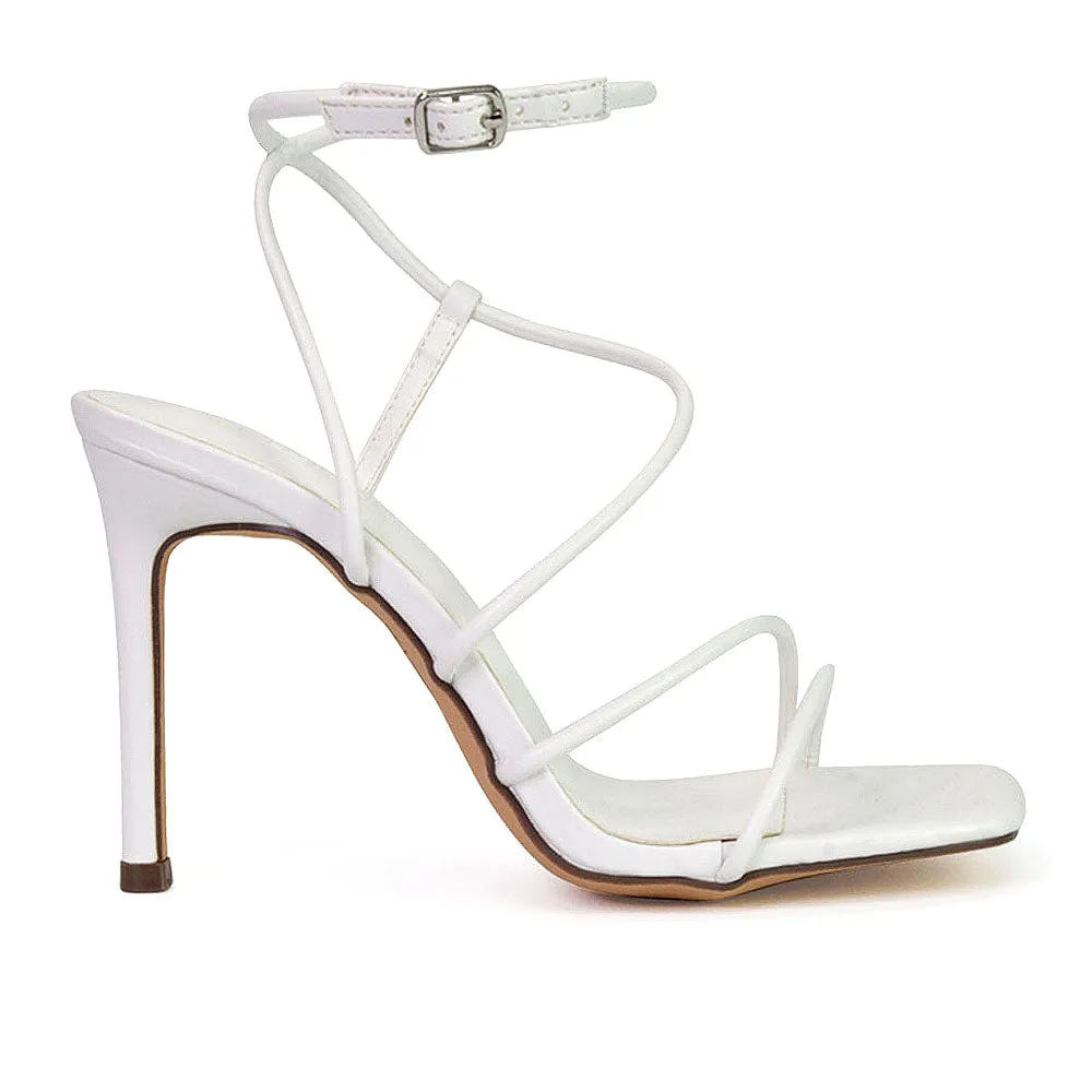 Flynn Strappy Buckle Up Square Toe Shoes With Stiletto High Heels in Gold