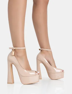 Formation Nude Patent Padlock Detail Chunky Square Platform Heels