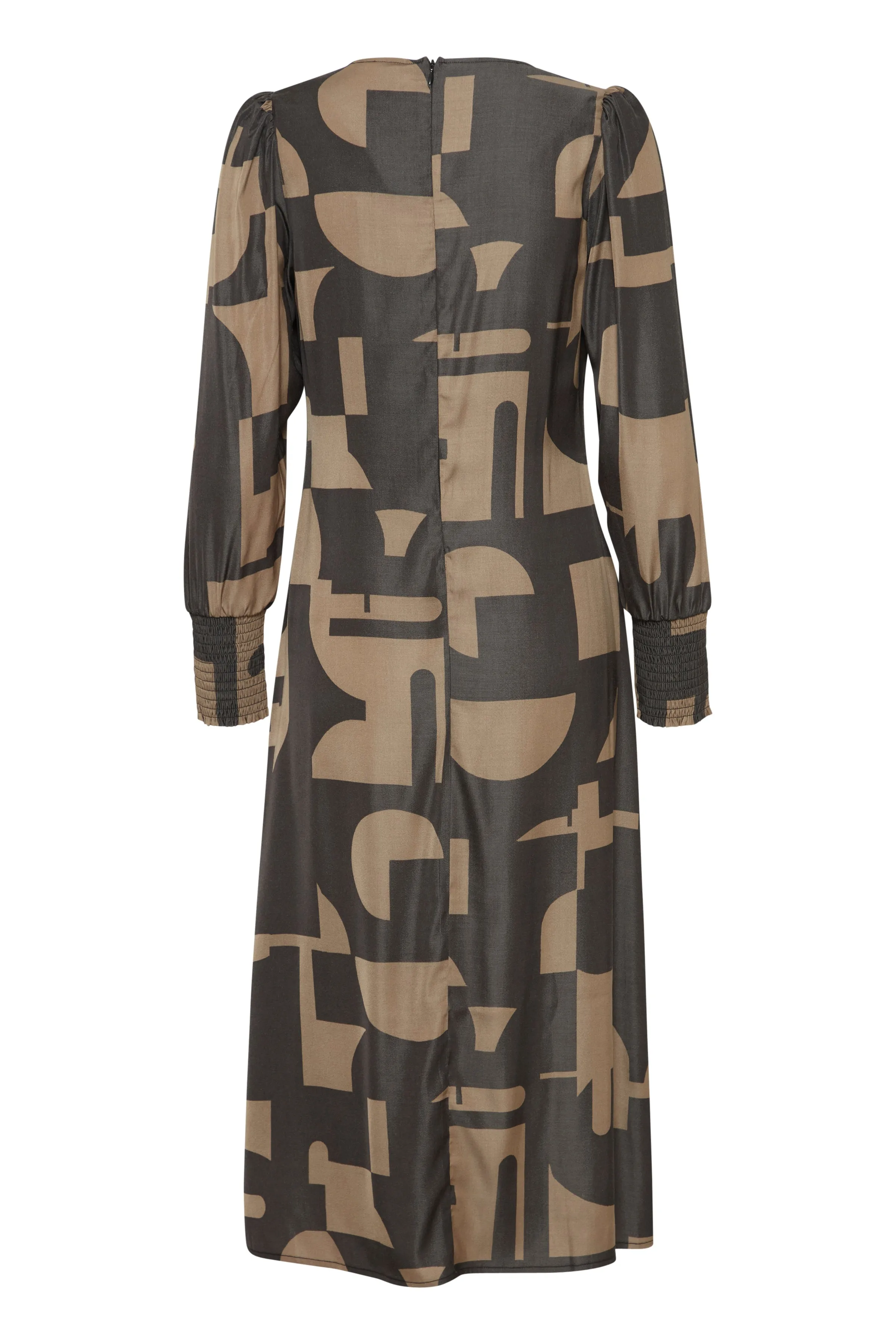 Fransa Midi Dress with tummy ruching and long sleeve. Walnut and Black print