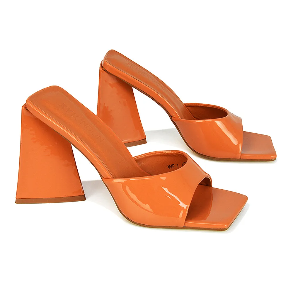 Gracia Square Peep Toe Sculptured Flared Block Heeled Mules in Orange Patent