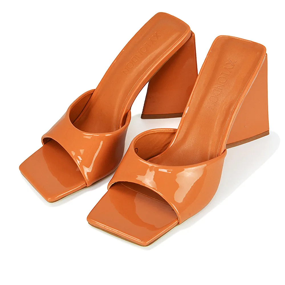 Gracia Square Peep Toe Sculptured Flared Block Heeled Mules in Orange Patent