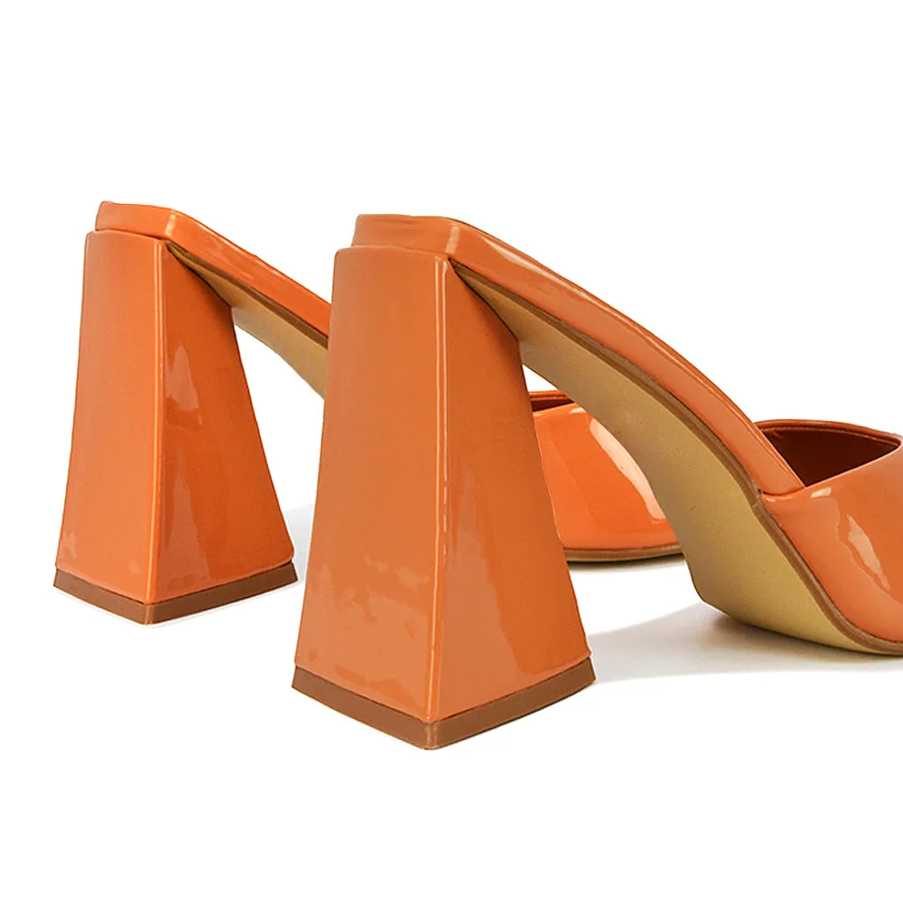 Gracia Square Peep Toe Sculptured Flared Block Heeled Mules in Orange Patent