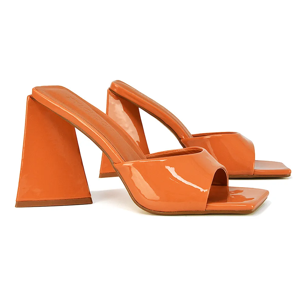 Gracia Square Peep Toe Sculptured Flared Block Heeled Mules in Orange Patent