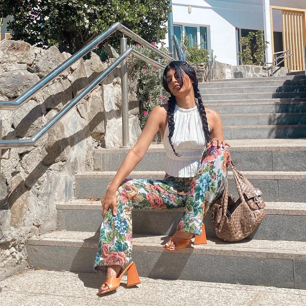 Gracia Square Peep Toe Sculptured Flared Block Heeled Mules in Orange Patent