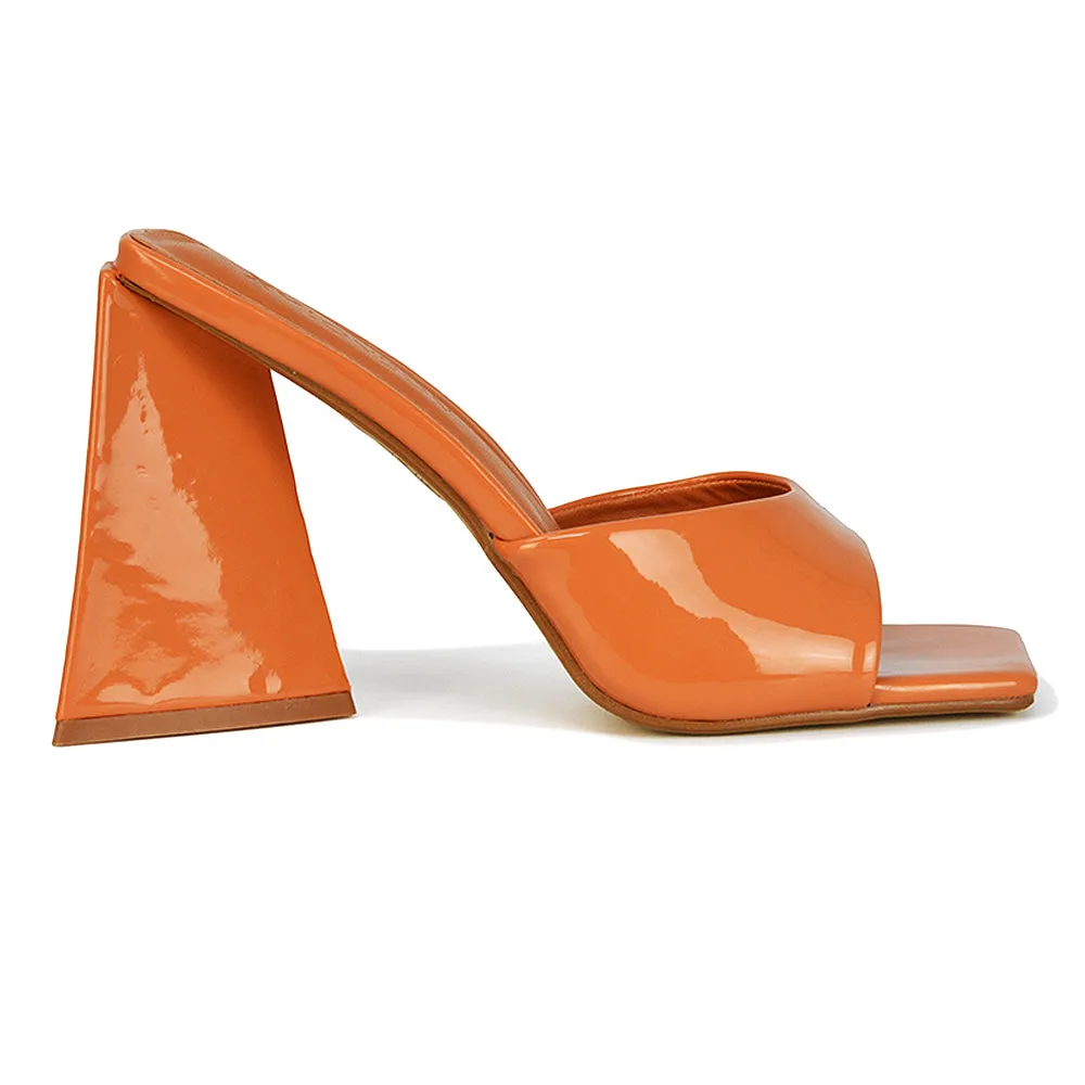 Gracia Square Peep Toe Sculptured Flared Block Heeled Mules in Orange Patent