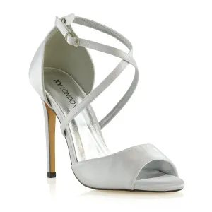 Gwen Cross Over Strappy Peep Toe Stiletto High Heel Bridal Shoes In White Satin