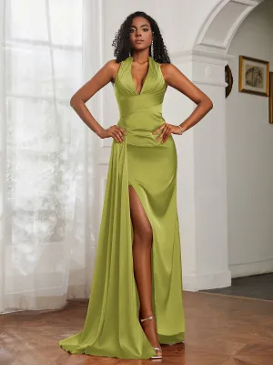 Halter Neckline Sheath Satin Prom Dress Clover