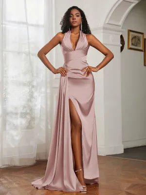 Halter Neckline Sheath Satin Prom Dress Dusty Rose Plus Size