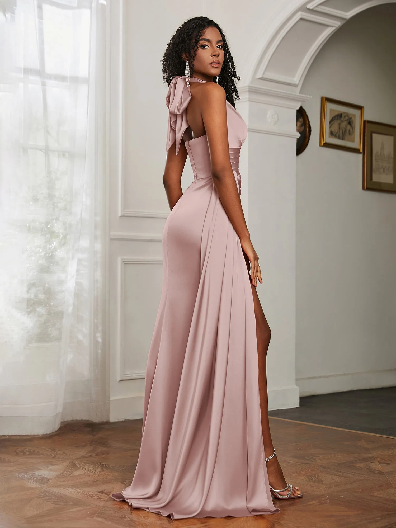 Halter Neckline Sheath Satin Prom Dress Dusty Rose Plus Size