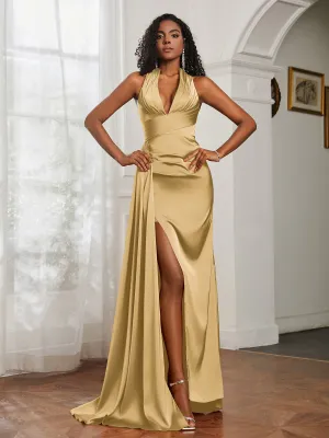 Halter Neckline Sheath Satin Prom Dress Gold Plus Size