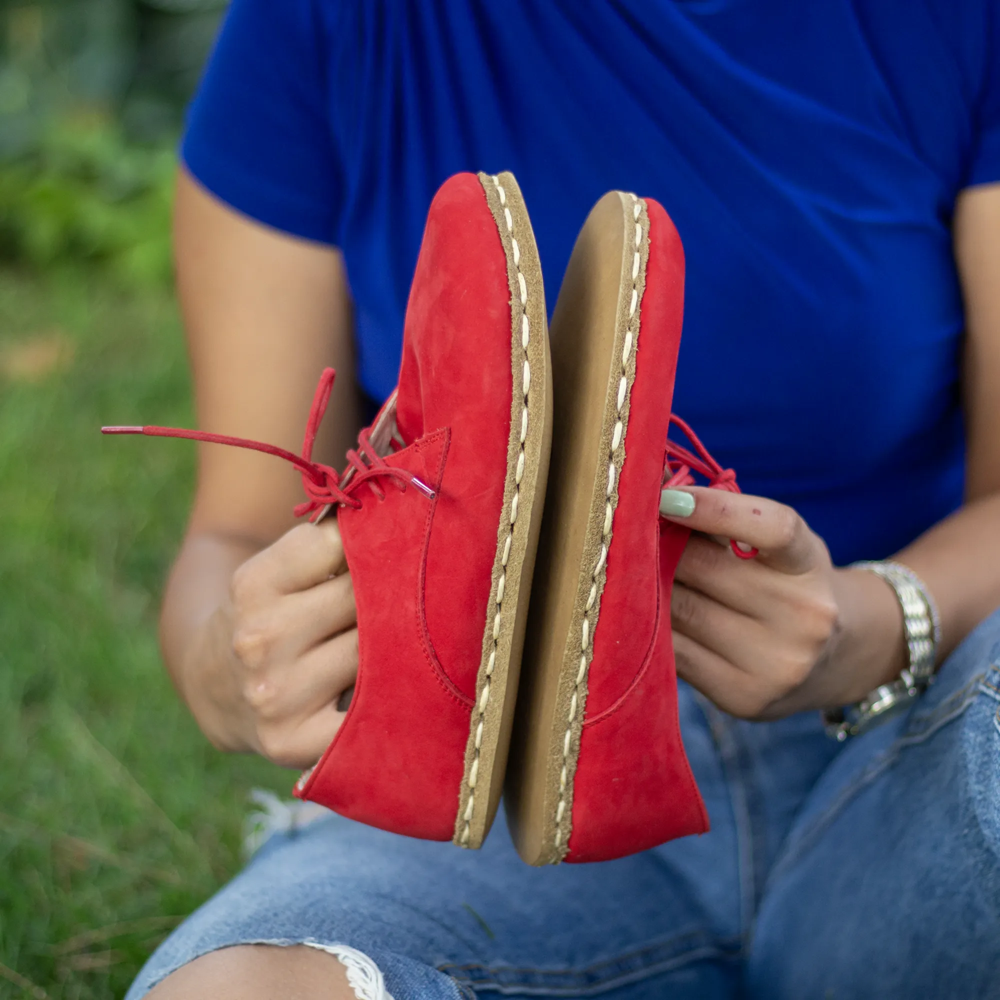 Handmade Barefoot Leather Shoes Red Nubuck for Women