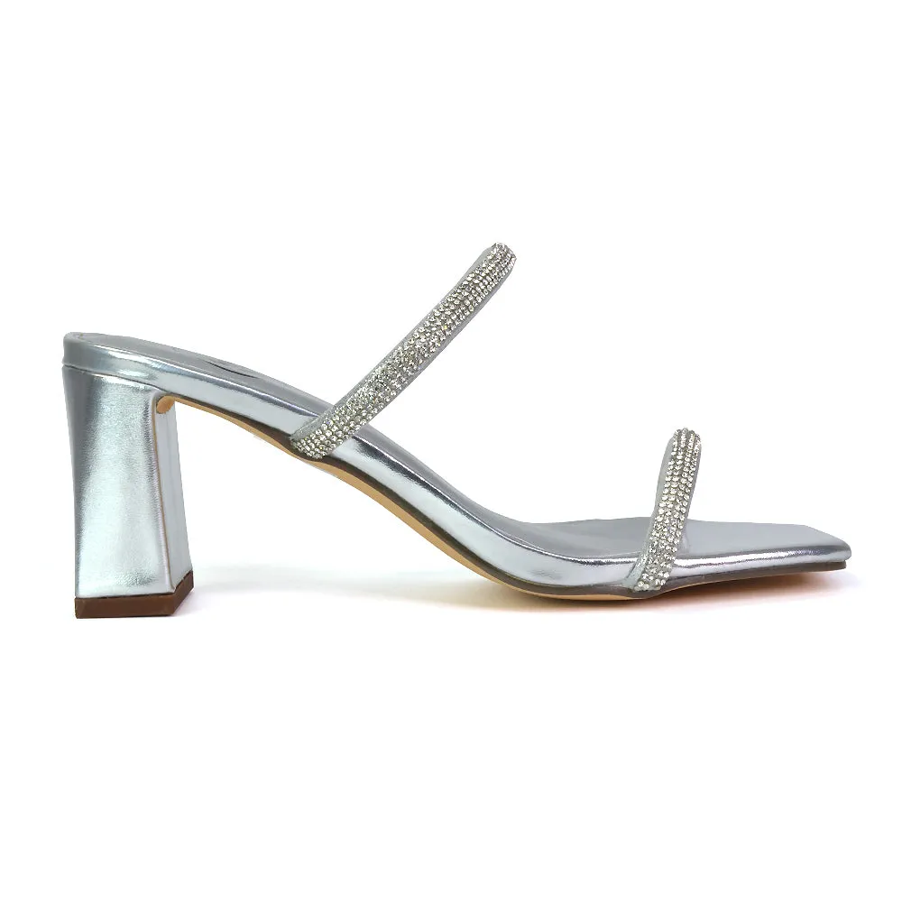 Holden Diamante Strap Square Toe Mid Block Heel Sandal Mules in Gold