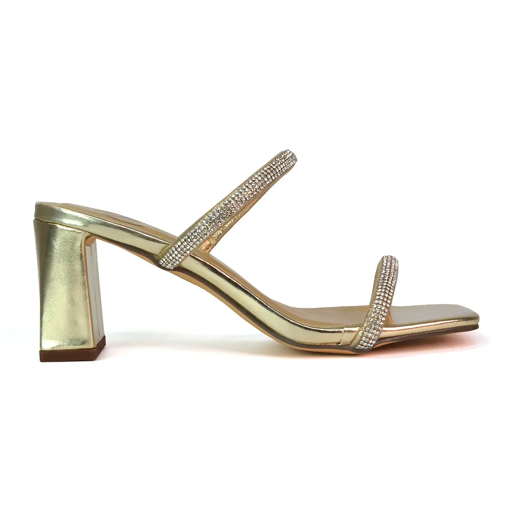 Holden Diamante Strap Square Toe Mid Block Heel Sandal Mules in Gold