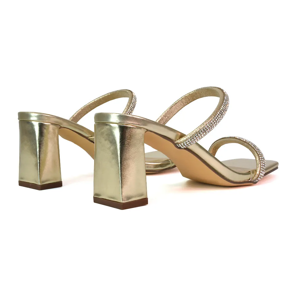 Holden Diamante Strap Square Toe Mid Block Heel Sandal Mules in Gold