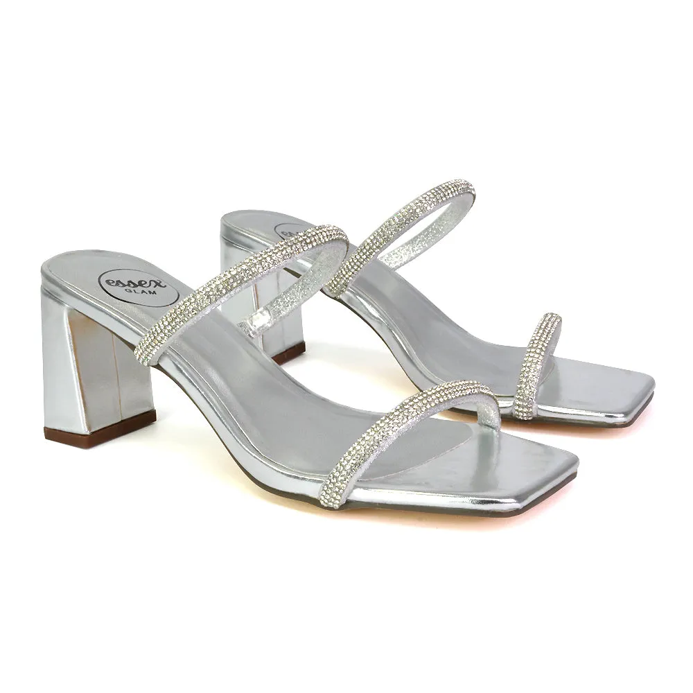 Holden Diamante Strap Square Toe Mid Block Heel Sandal Mules in Gold