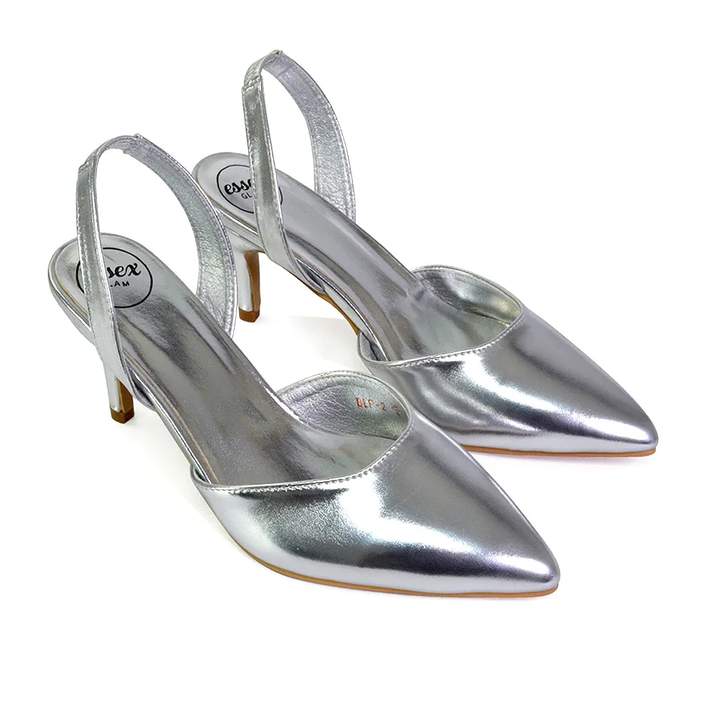 Imogen Pointed Toe Sling Back Stiletto Mid Heel Court Shoes in Silver