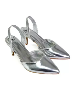 Imogen Pointed Toe Sling Back Stiletto Mid Heel Court Shoes in Silver