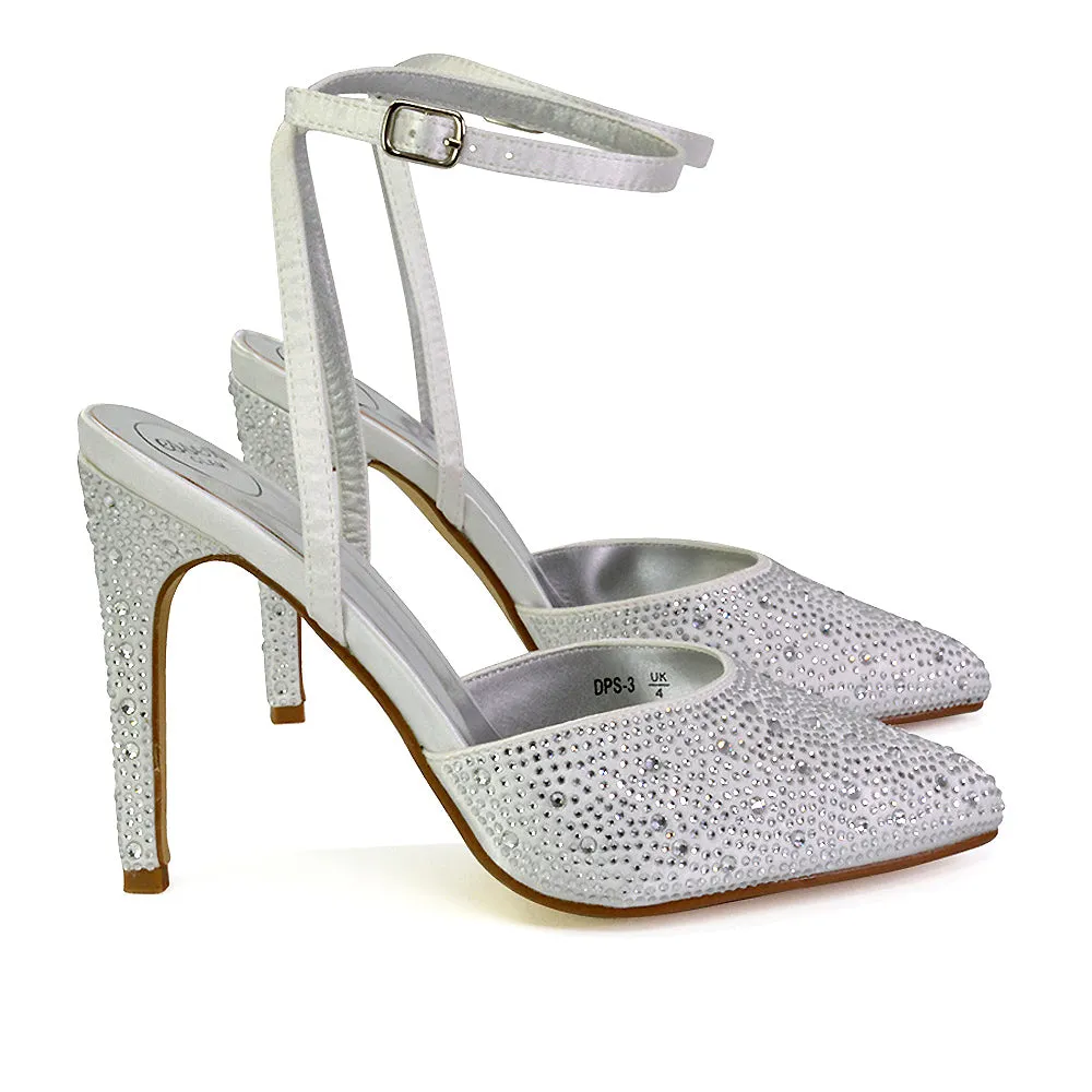 Indyah Diamante Court Shoes Stiletto High Heels Strappy Sandals in White