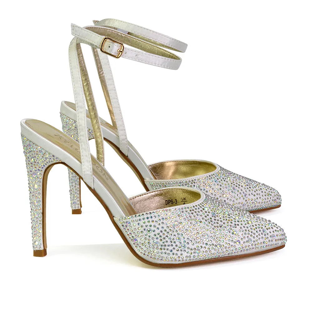 Indyah Diamante Court Shoes Stiletto High Heels Strappy Sandals in White