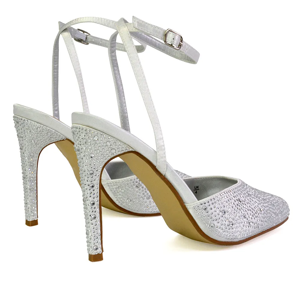 Indyah Diamante Court Shoes Stiletto High Heels Strappy Sandals in White