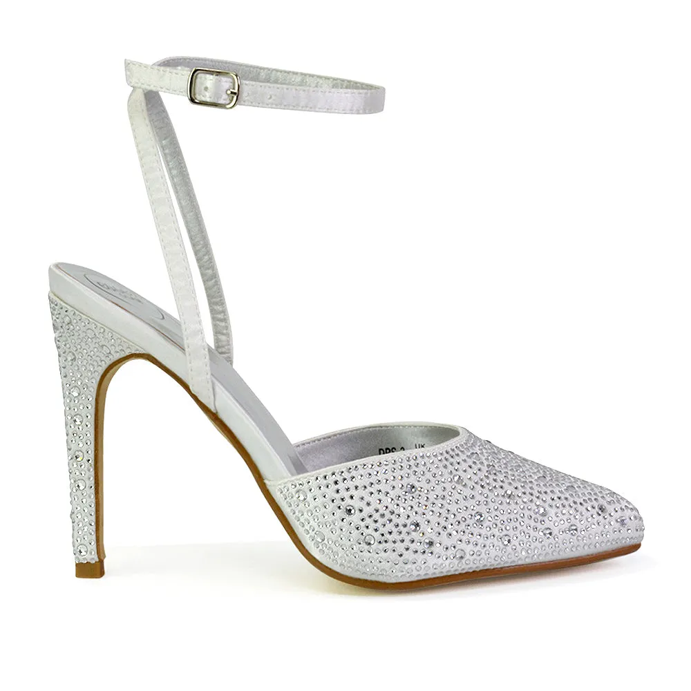 Indyah Diamante Court Shoes Stiletto High Heels Strappy Sandals in White