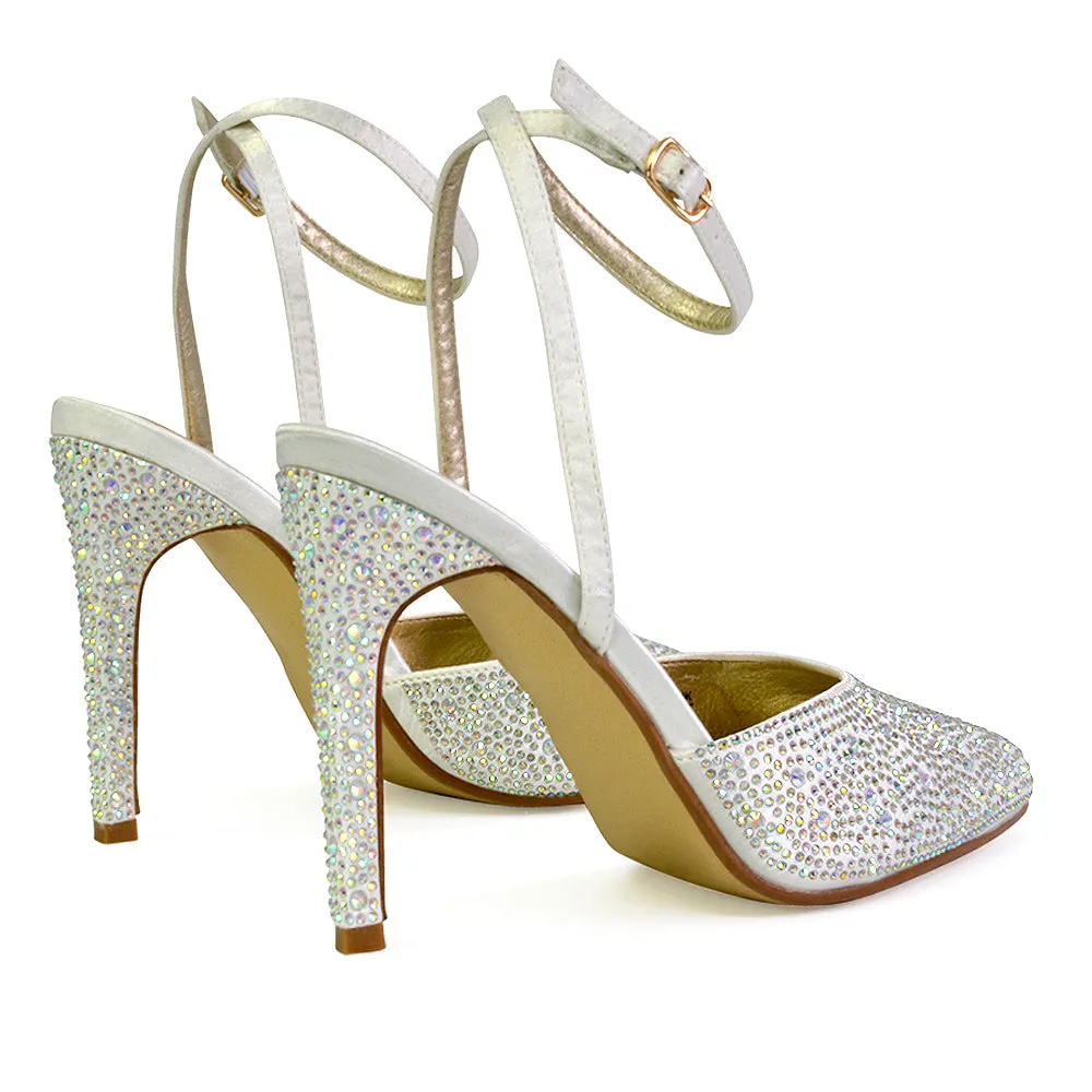 Indyah Diamante Court Shoes Stiletto High Heels Strappy Sandals in White