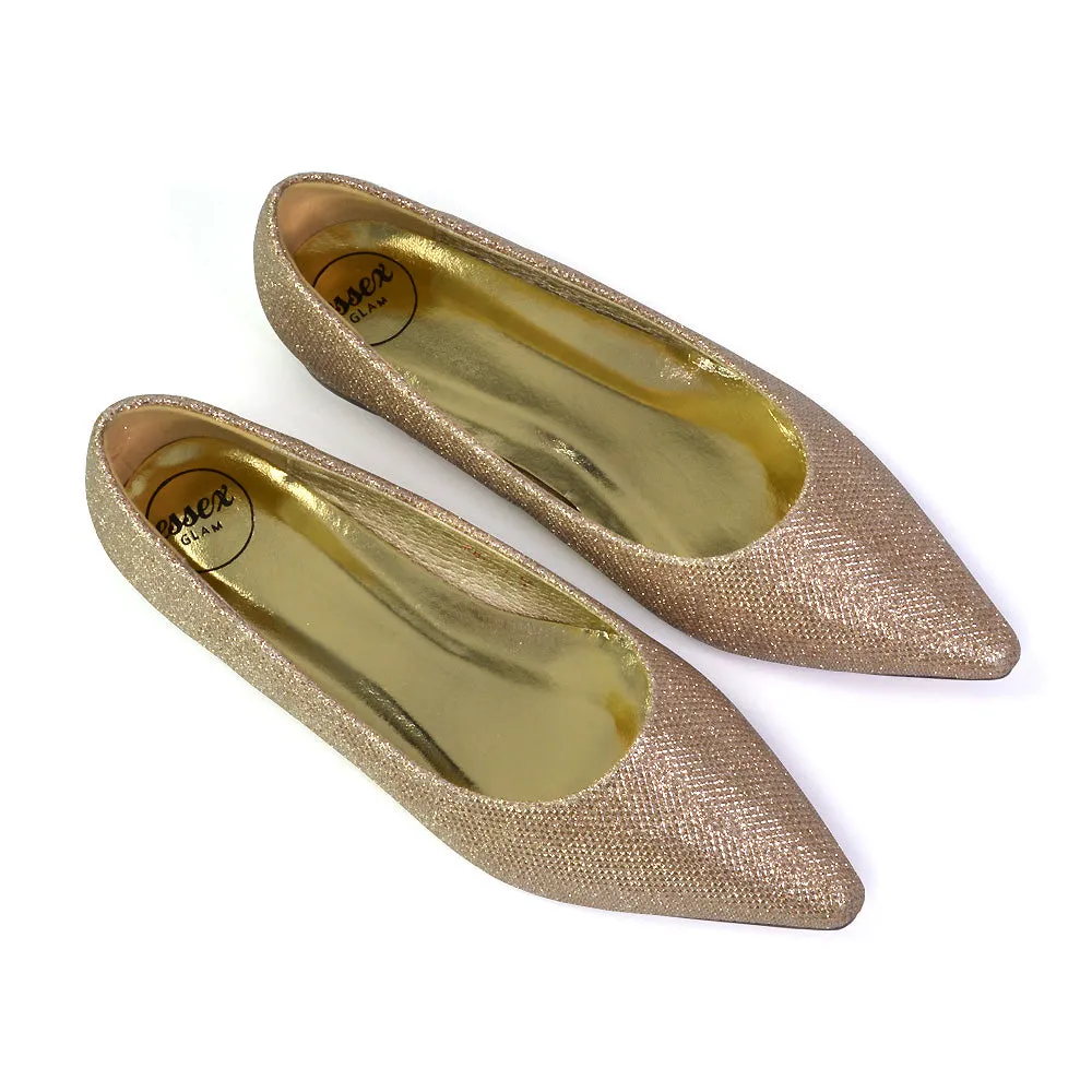 Karen Slip On Pointed Toe Wedding Shoes Low Heel Bridal Heels Court Shoes in Gold