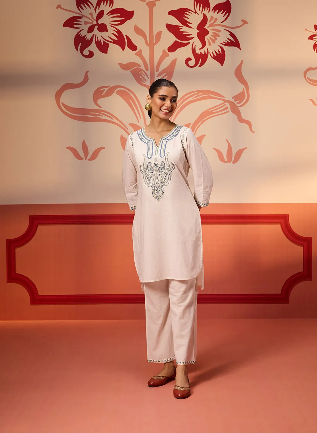 Khurshid Ivory Embroidered Cotton Linen Designer Kurta Set for Women