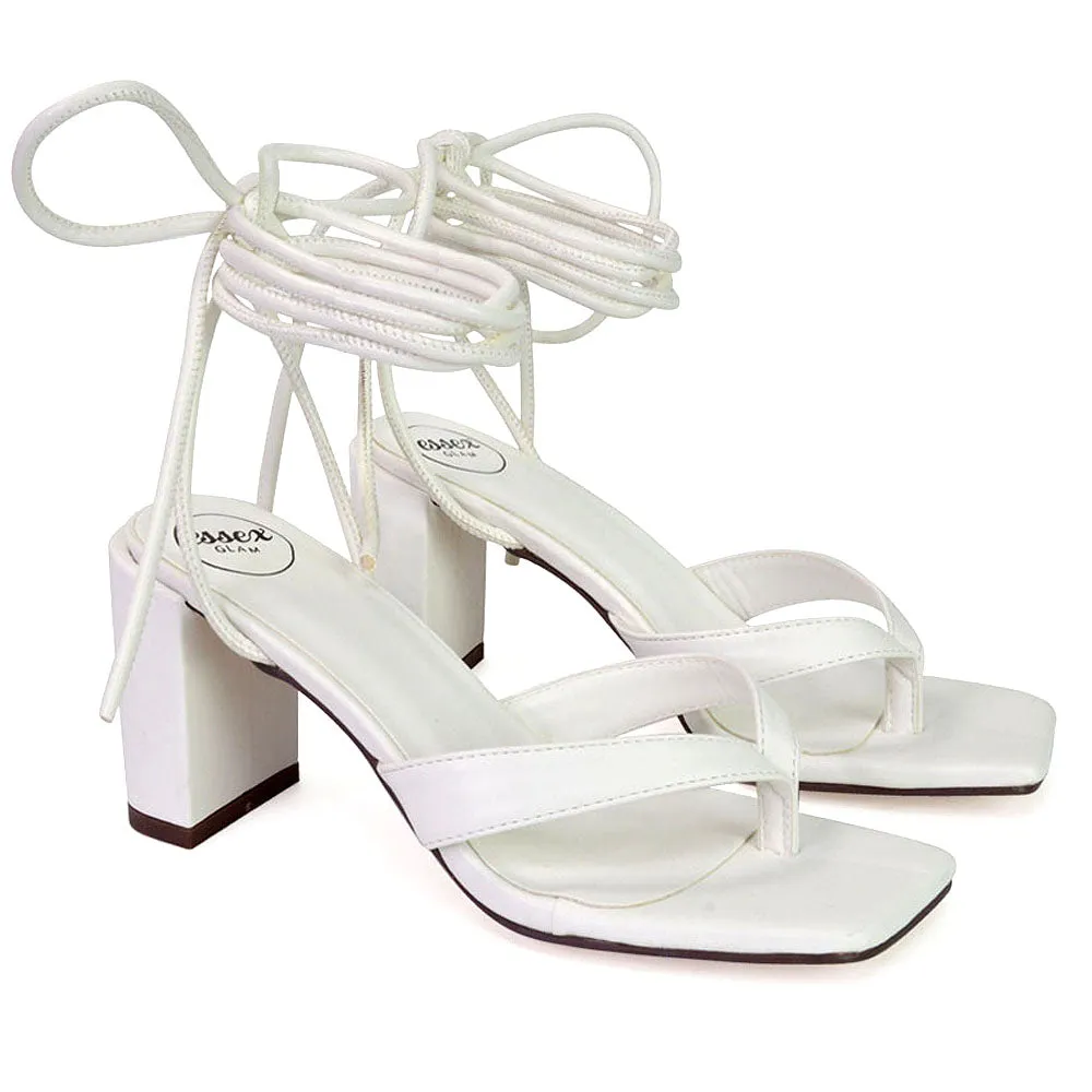 Kiko Lace Up Thong Square Toe Strappy Mid Block Heel Sandals in White