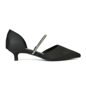 Laura Kitten Heel Diamante Pointed Toe Court Shoes Heels in Black