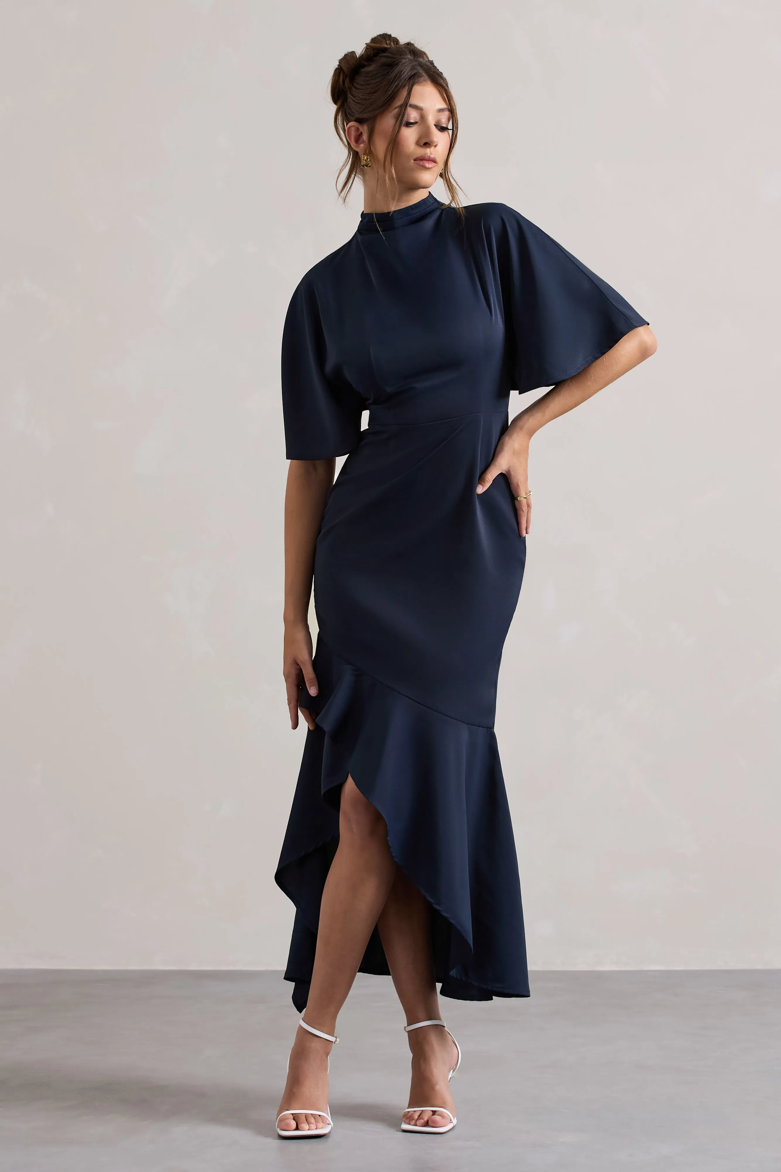 Lavinia | Navy High-Neck Flutter-Sleeve Asymmetric Maxi Dress