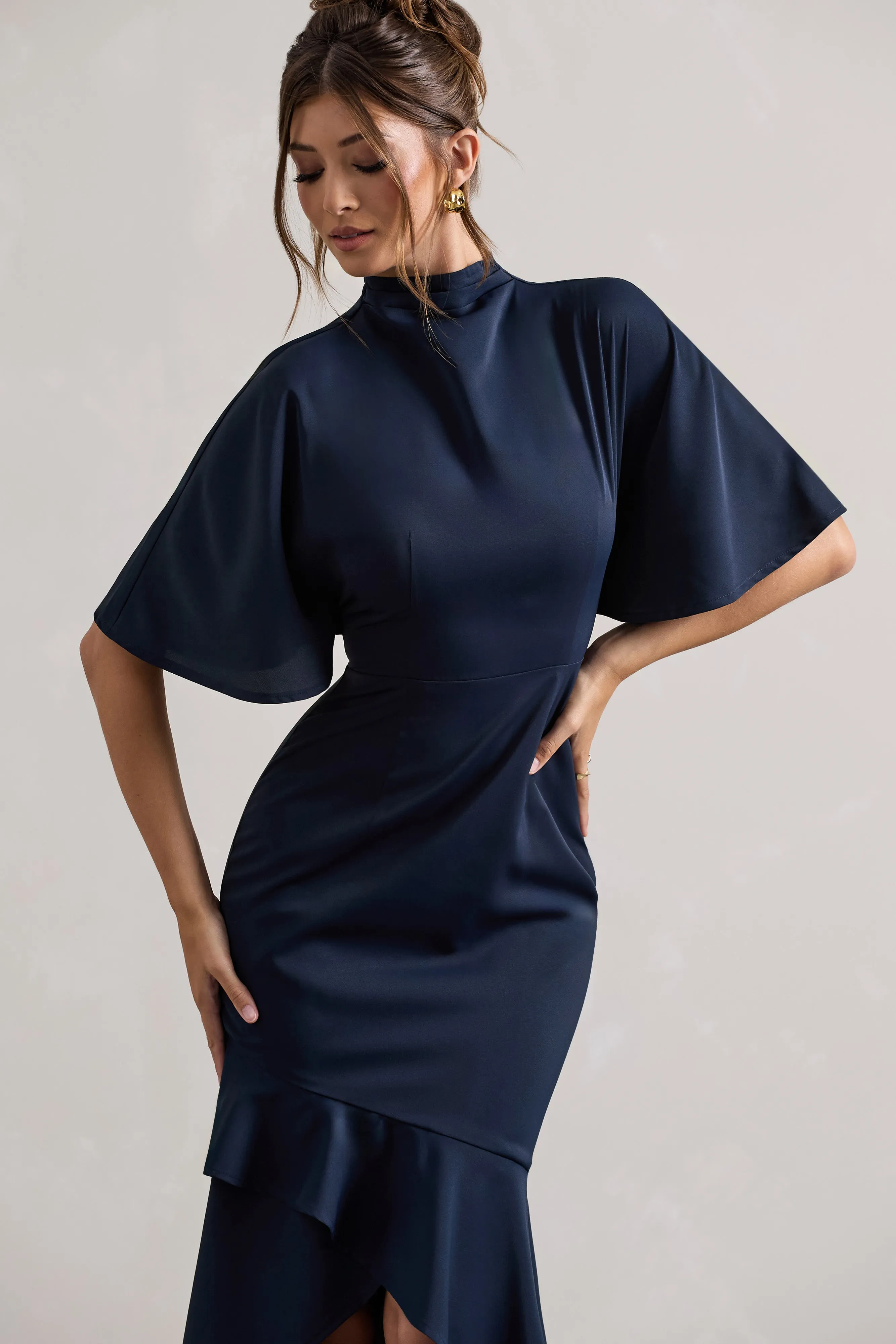 Lavinia | Navy High-Neck Flutter-Sleeve Asymmetric Maxi Dress