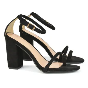 Liana Toe Loop Strappy Chunky Block High Heeled Sandals in Black Faux Suede