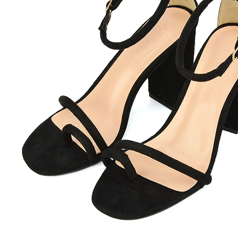 Liana Toe Loop Strappy Chunky Block High Heeled Sandals in Black Faux Suede