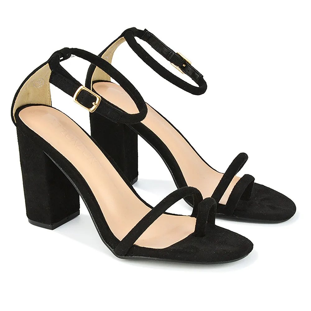 Liana Toe Loop Strappy Chunky Block High Heeled Sandals in Black Faux Suede