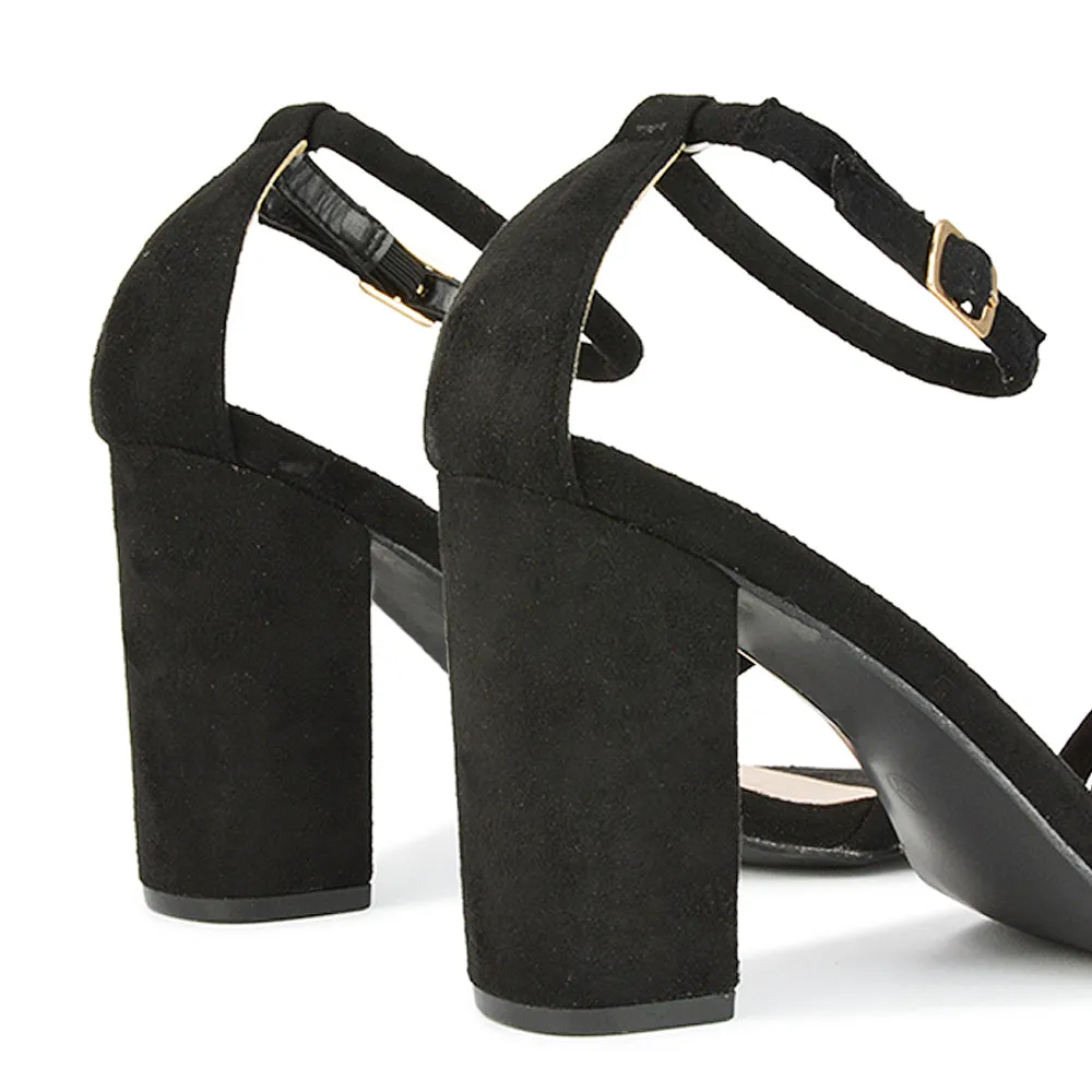 Liana Toe Loop Strappy Chunky Block High Heeled Sandals in Black Faux Suede