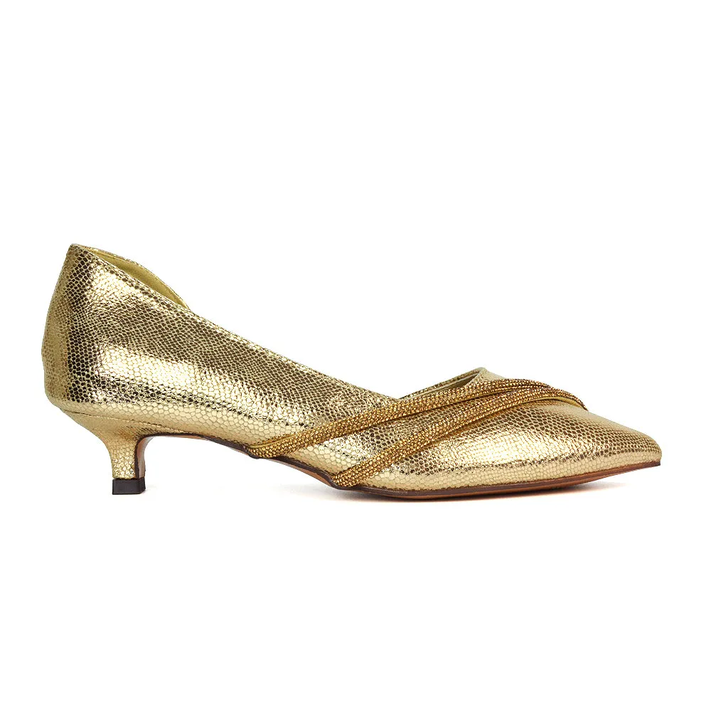 Lucie Low Kitten Heel Diamante Rhinestone Pointed Toe Court Heels in Gold