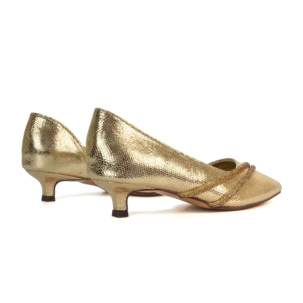 Lucie Low Kitten Heel Diamante Rhinestone Pointed Toe Court Heels in Gold