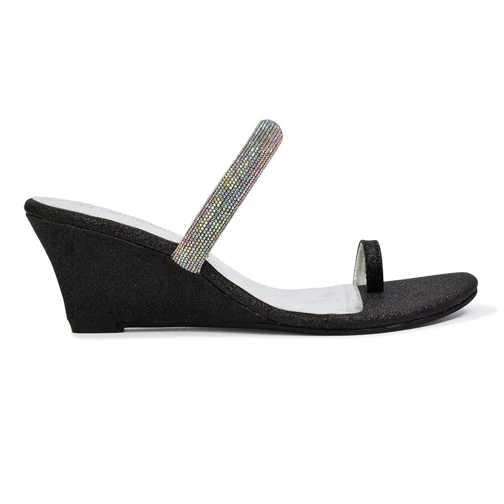 Lucille Slip On Strappy Sparkly Diamante Wedge Sandal Heels in Black