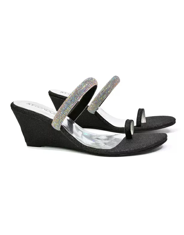 Lucille Slip On Strappy Sparkly Diamante Wedge Sandal Heels in Black