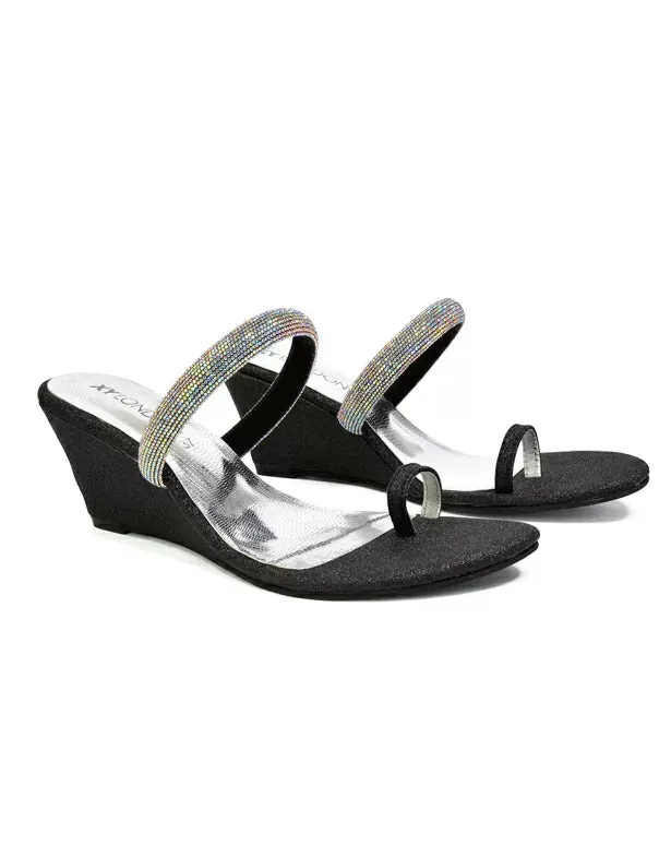 Lucille Slip On Strappy Sparkly Diamante Wedge Sandal Heels in Black