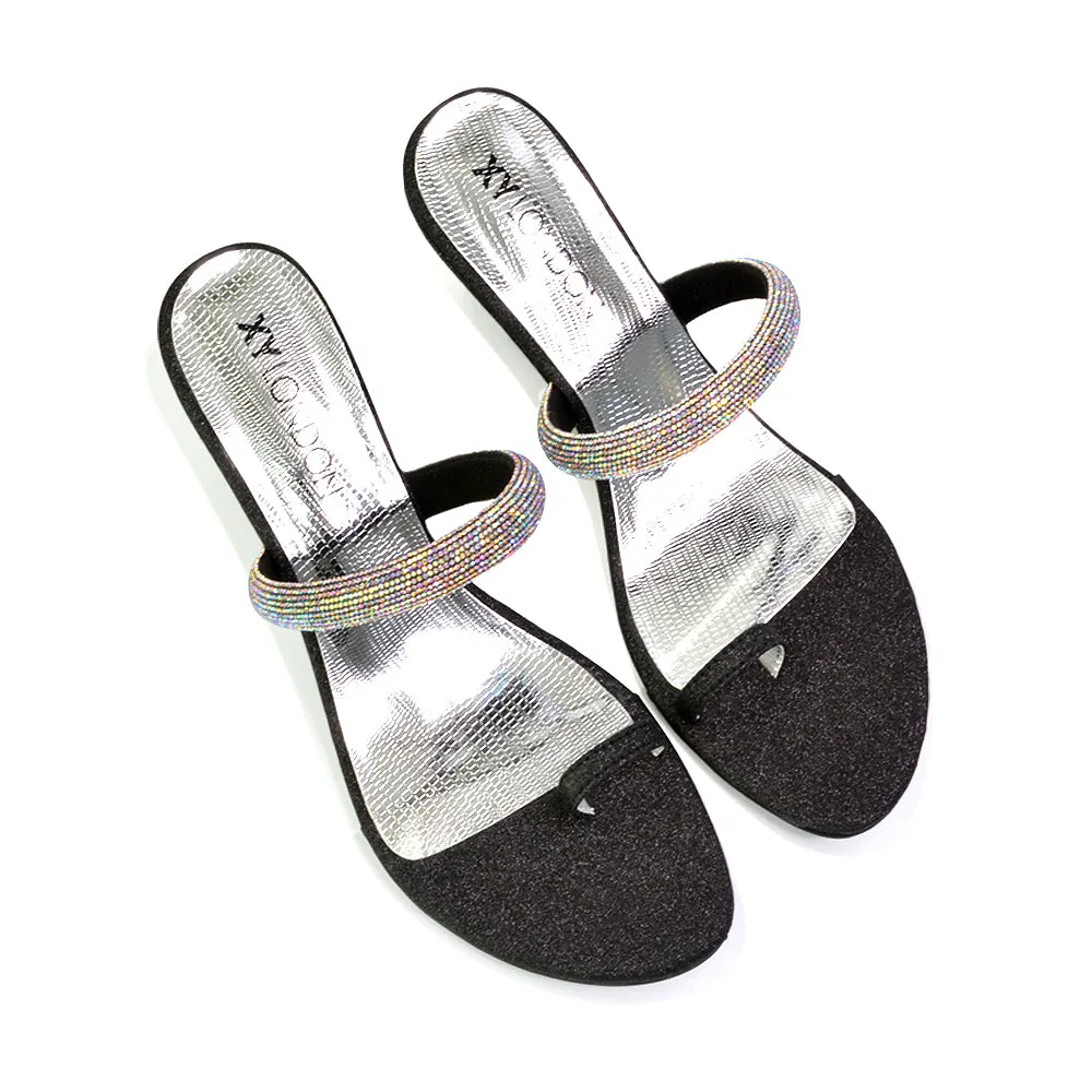 Lucille Slip On Strappy Sparkly Diamante Wedge Sandal Heels in Black